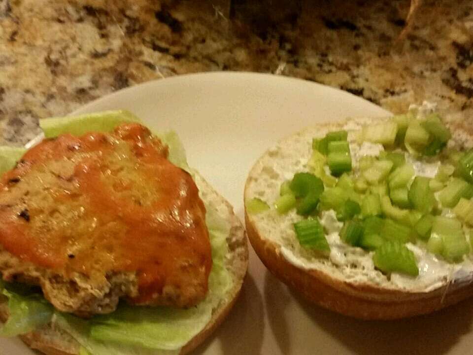Buffalo Chicken Burgers with Blue Cheese Dressing